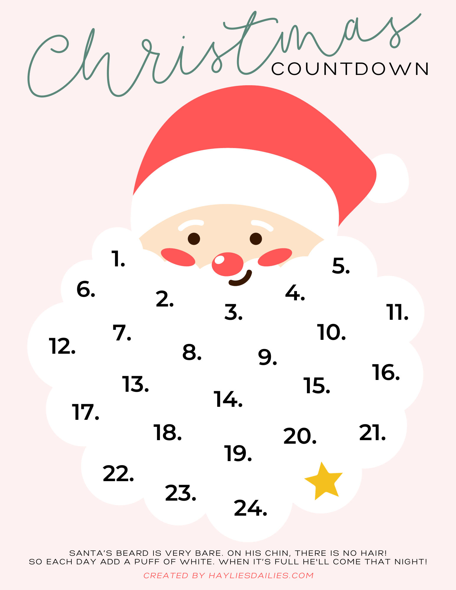 santa's cotton ball beard christmas countdown: free printable